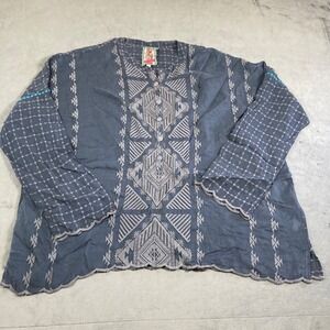 Johnny Was Gray Geometric Embroidered Cupra Rayon Blouse Scalloped Hem Large